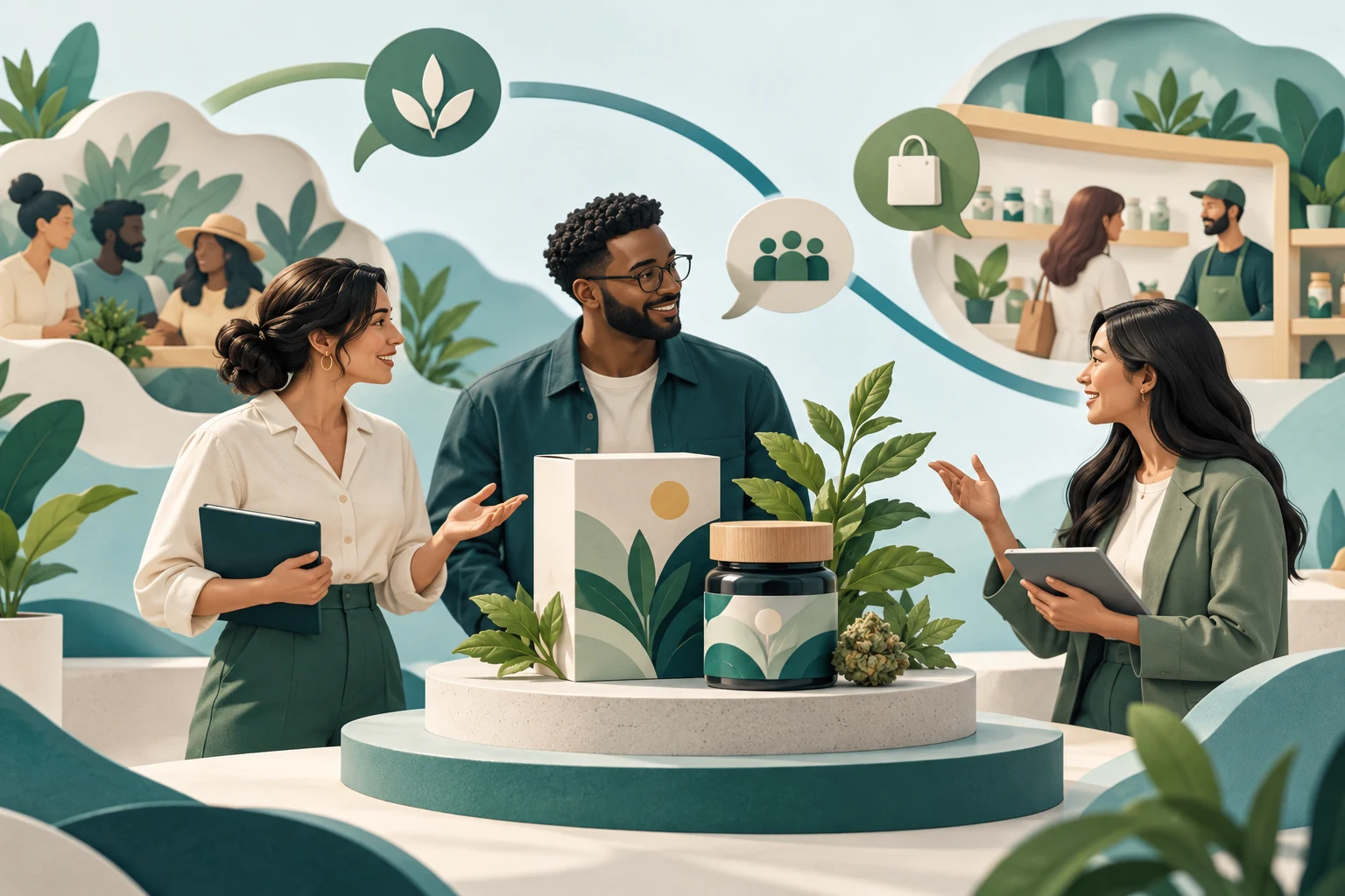 Illustration of a botanical brand bringing its team, retail partners and audience together.